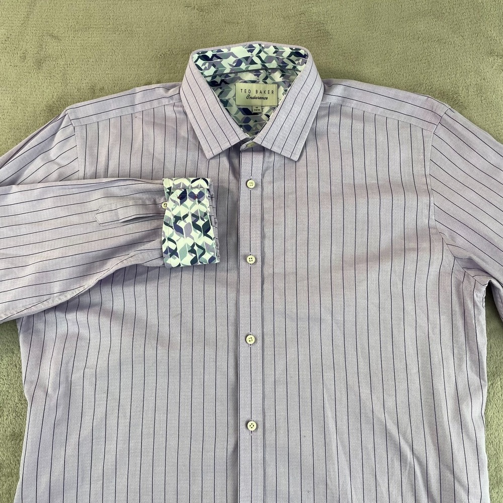 TED BAKER Blue Endurance Dress Shirt Men 16 34/35 Lavender Striped Flip Cuff NEW